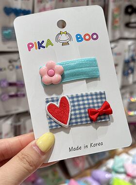 6.16韩国代购pikaboo儿童发饰彩色爱心格子爱心蝴蝶结边夹发夹