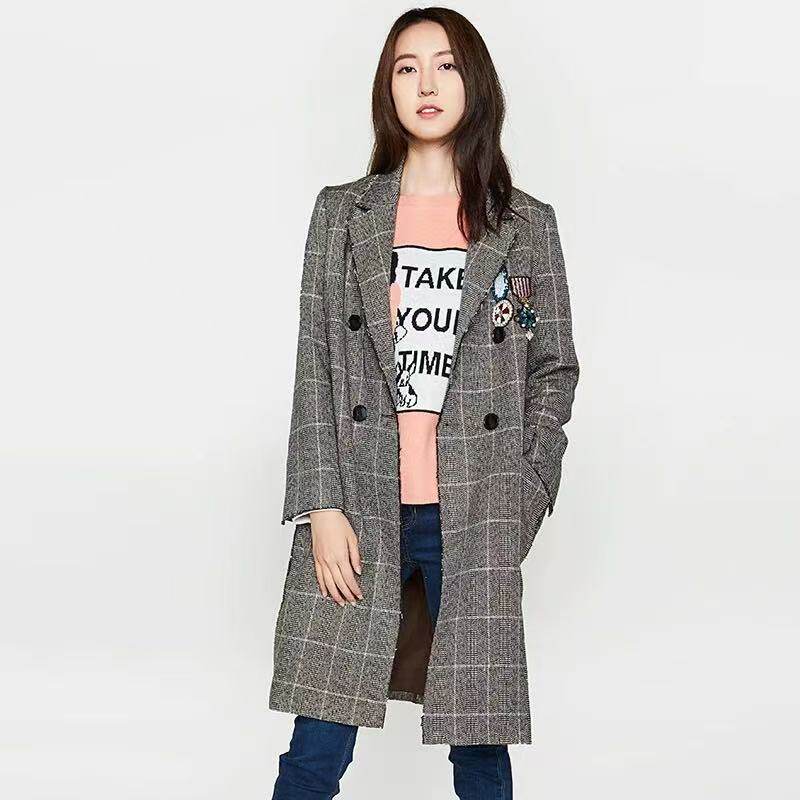 艾格正品特价英伦风格子毛呢外套女中长款宽松休闲百搭大衣