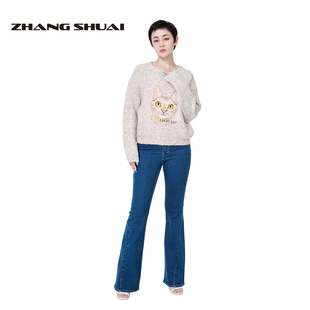 喇叭褲 街頭風(fēng)牛仔藍簡約設(shè)計純色分割自然腰修身 ZHANGSHUAI張帥