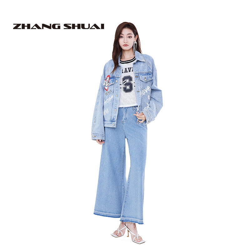 ZHANGSHUAI烫钻印花牛仔夹克