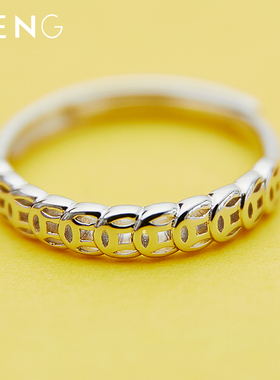 铜钱戒指女s925纯银复古钱币聚财钱多多古币活口食指戒刻字