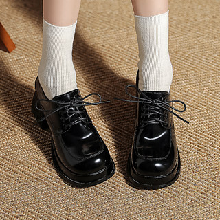 湘湘角色复古小皮鞋2023新款英伦风圆头系带白打黑色高跟单鞋女