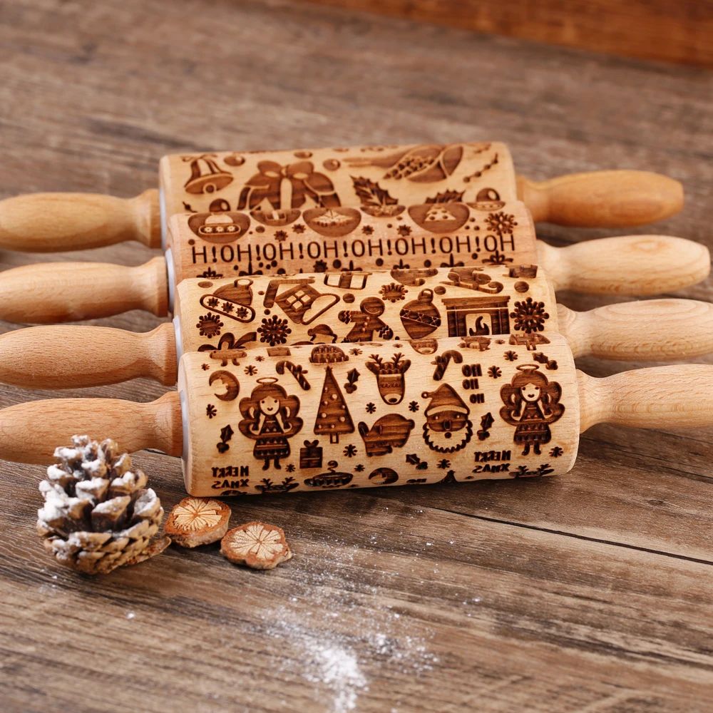 1pc 10inch Wooden Embossed Rolling Pin With Coffee Maker Lem