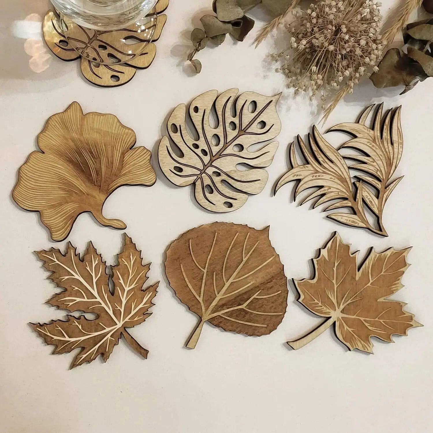 6pcs Retro Leaf-shaped 2D 4in Wooden Coaster Plant Art Desig