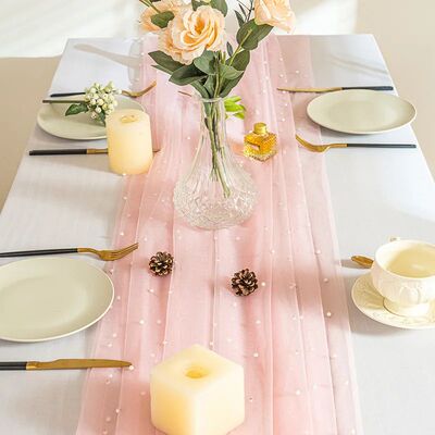 Pink Gauze Table Runner Romantic Pearl Mesh Tablecloth Weddi