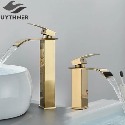 Brushed Golden Basin Faucets Elegant Waterfall Bathroom Sink