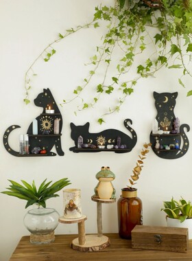 Black Cat Wooden Shelf Moon Phase Floating Shelf Chakra Crys