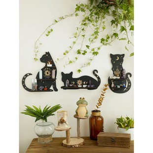Black Cat Wooden Shelf Moon Phase Floating Shelf Chakra Crys