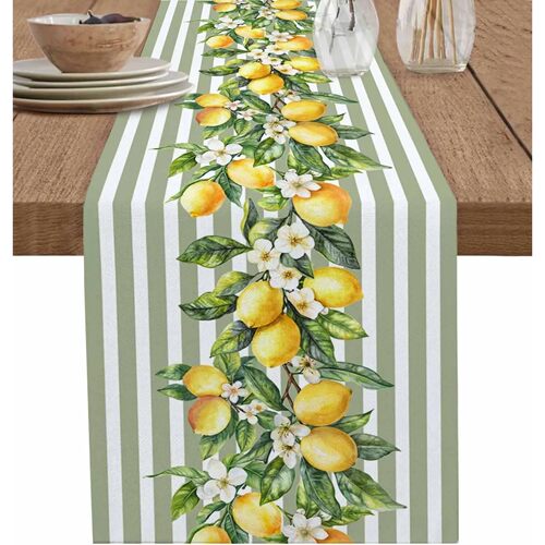 Summer Lemon Fruit Flowers Linen Table Runner Dresser Scarf
