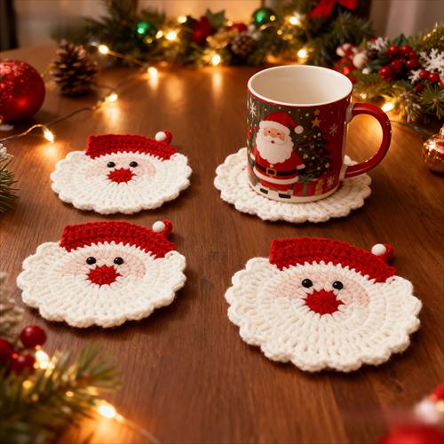 4pcs Handmade Crochet Santa Claus Coasters - Holiday Decor,