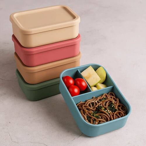 3 Compartments Silicone Lunch Box Rectangular Heat Resistant