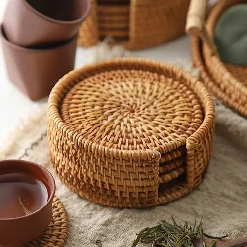 8-10cm Rattan Cup Mat 6Pcs Drink Coasters Set for Kungfu Tea