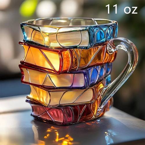 Painted Book Mug, 3D Colored Glass Book Coffee Mug, Novelty