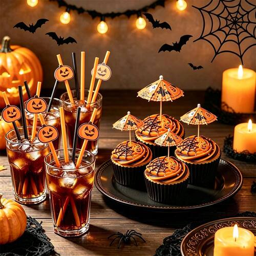 10/50/100pcs Halloween Pumpkin Paper Straws Drink Umbrellas