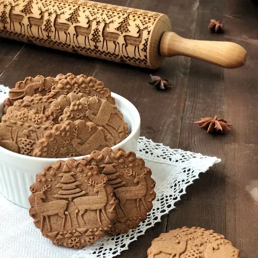 Christmas 3D Deep Engraved Wooden Embossed Rolling Pin for B