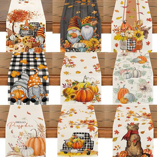 Thanksgiving Linen Table Runner Autumn Maple Leaf Pumpkin Ha