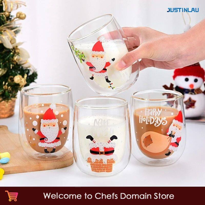 Christmas Double Wall Glass Cups Santa Claus Pattern Heat-re