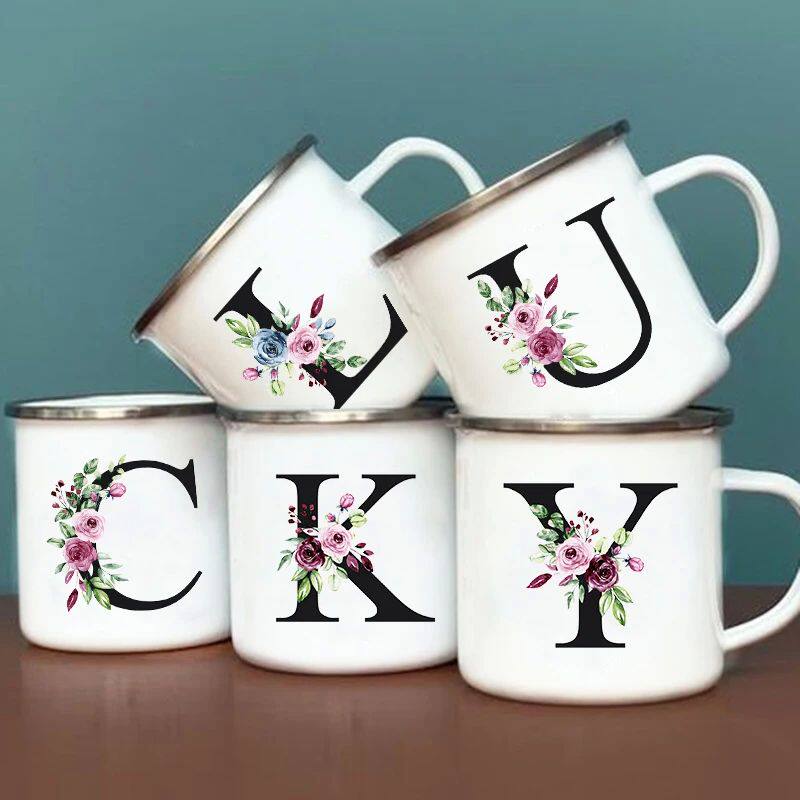 Letter Floral Print Enamel Mugs Creative Coffee Tea Drink De