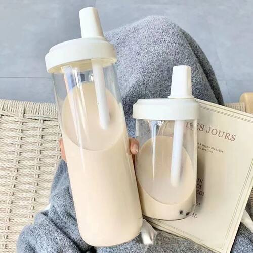 500/850ml Cute Pearl Milk Tea Straw Plastic Water Bottle Wit
