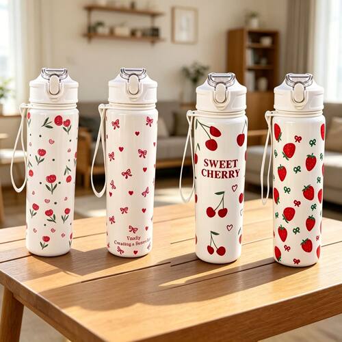 750ML White Water Bottle Full Printed Cartoon Strawberry Bow