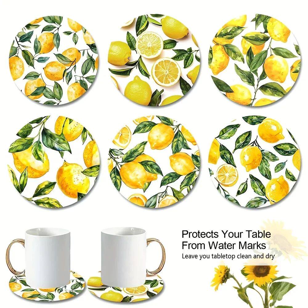 6pcs Set of Illustrated Lemon Leaf Yellow Wooden Coasters, S