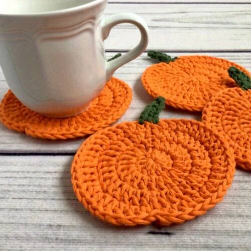 1/4pcs Autumn Crochet Pumpkin Coasters, Fabric Handmade Drin