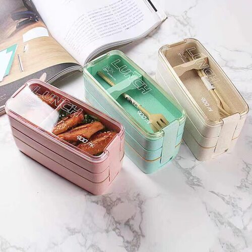 Three-layer Wheat Plastic Lunch Box Adult Lunch Box With Tab