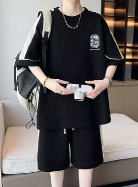 运动休闲套装男2026新款宽松百搭情侣薄款美式七分袖短裤大码夏装