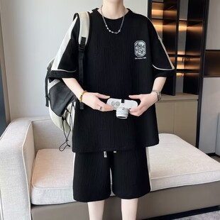 美式 七分袖 短裤 运动休闲套装 夏装 宽松百搭情侣薄款 大码 男2026新款