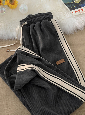 灯芯绒裤子男秋冬季新款港风潮流百搭阔腿直筒松紧腰运动休闲长裤