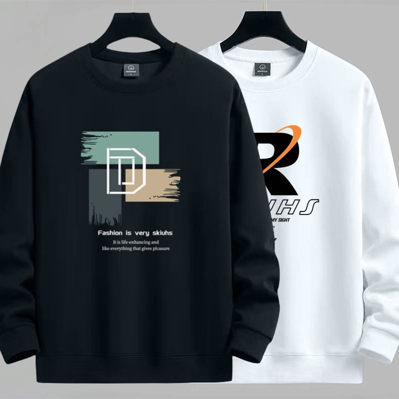 无帽长袖男ins潮流春秋季帅气学生黑色t恤百搭休闲外穿印花卫衣潮