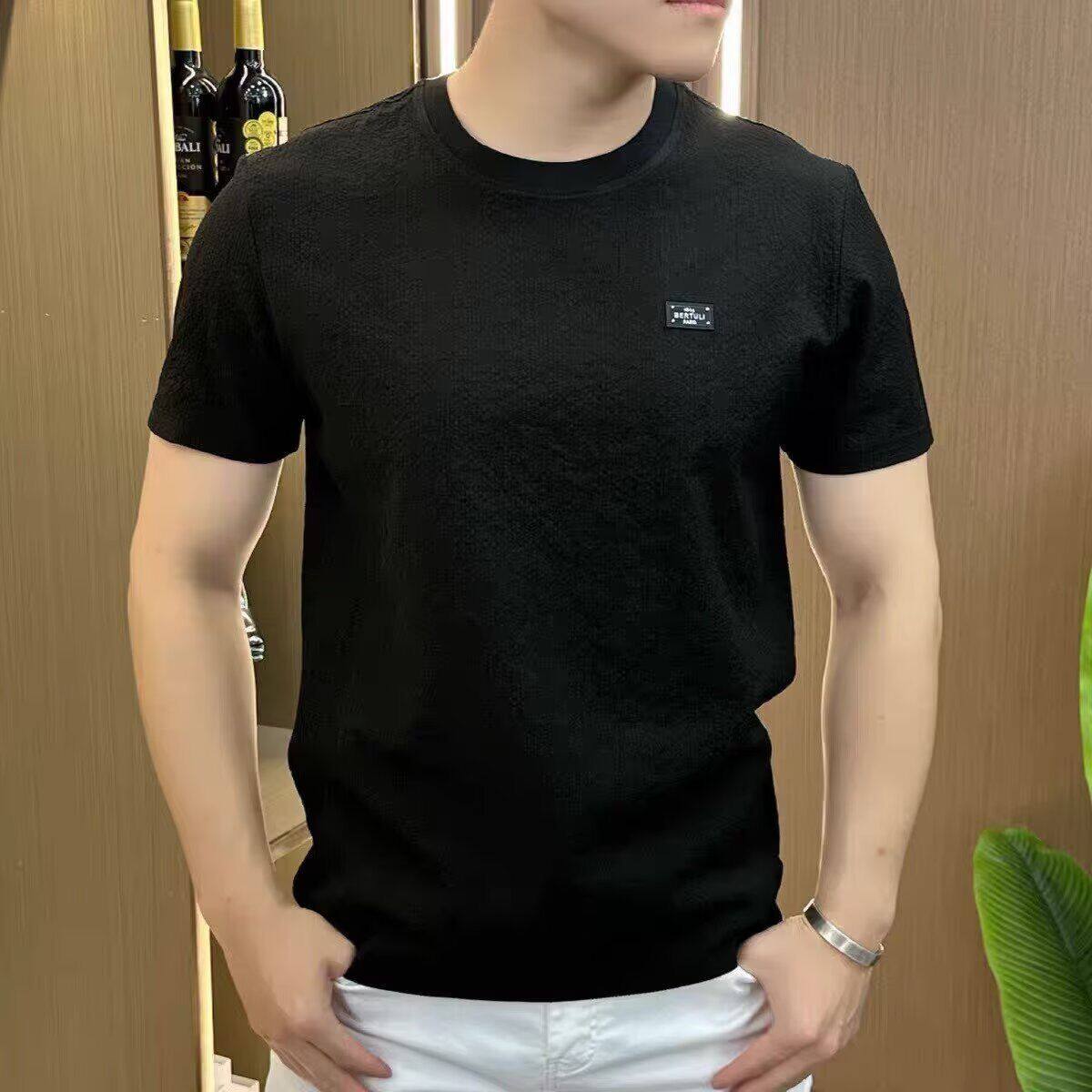 外贸出口男款短袖t恤夏季百搭薄款上衣黑色修身冰丝衣服潮流休闲