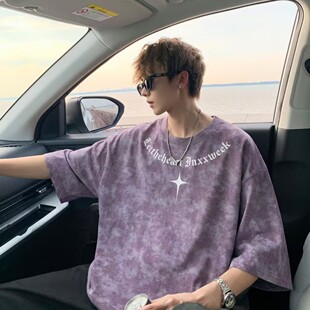 痞帅男生扎染运动短袖 男t恤夏季 薄款 潮流宽松圆领五分半截袖 韩版