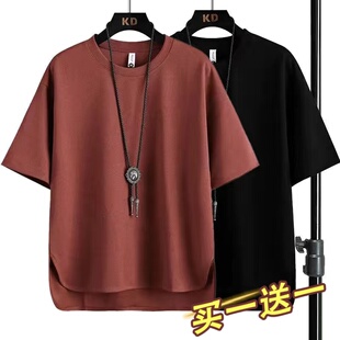 圆领短袖男款韩版潮流夏季宽松时尚大码华夫格上衣薄款冰丝体恤衫
