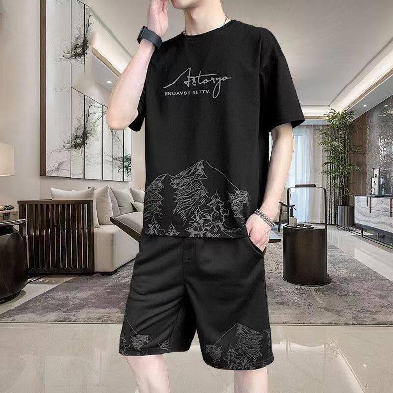 男士短袖套装夏季薄款冰丝T恤休闲运动服五分短裤子宽松韩版潮流