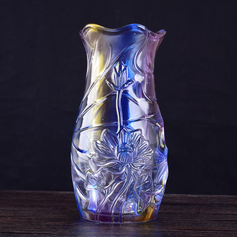 供佛仿琉璃莲花花瓶佛前插花瓶彩色玻璃材质花瓶观音荷叶宝瓶包邮