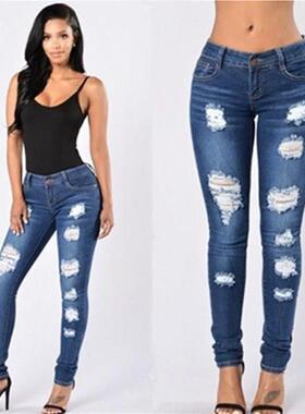 2018fashion women ripped jeans stretch pencil pants女裤牛仔