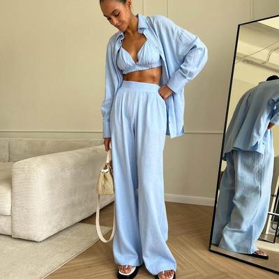 Cotton linen suit vest shirt shorts wide leg pants set wome