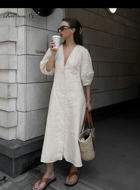 2023Women Linen Dress Puff Sleeve Long Backless Button Dress