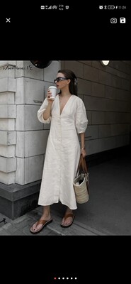 2023Women Linen Dress Puff Sleeve Long Backless Button Dress