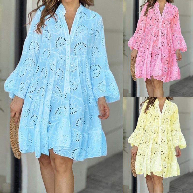 Plus Size Summer fashion Women Dress S-5XL 纯色宽松V领连衣裙