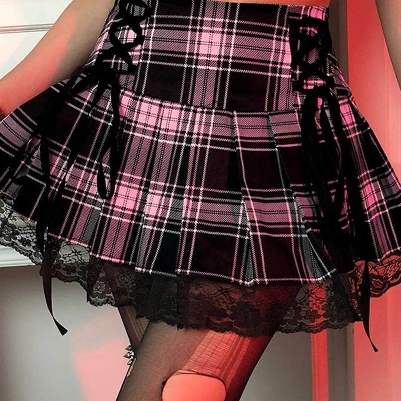 summer plaid pleated skirt retro lace stitching A-line skirt