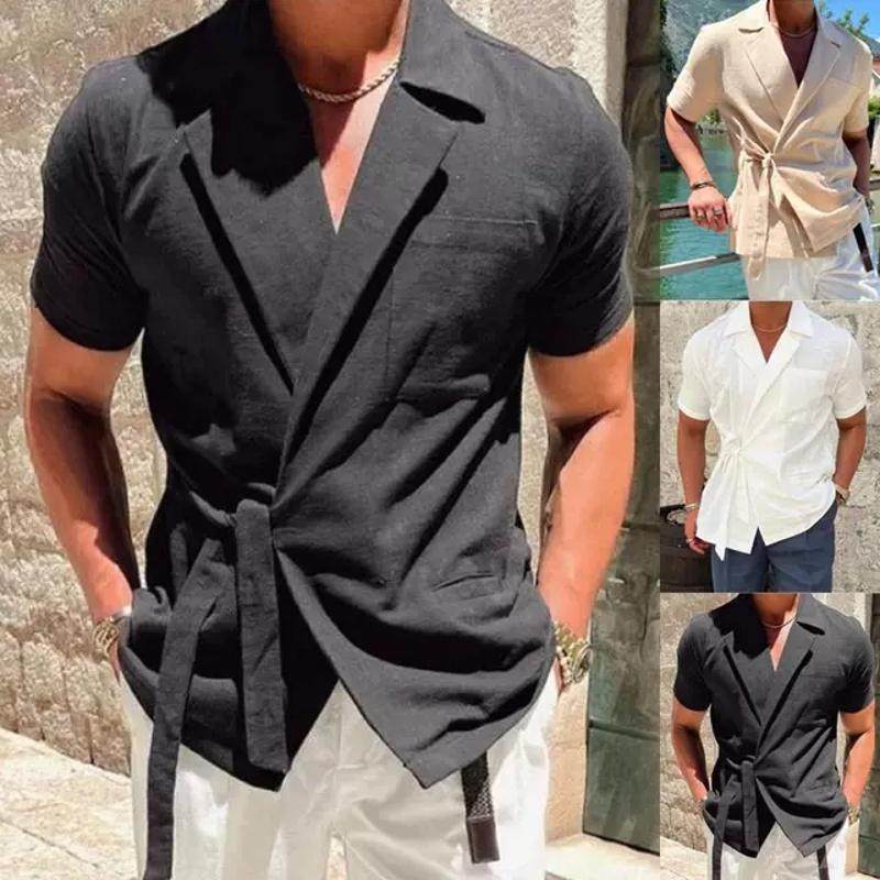 2023 Summer mens linen suit lapel tie up short sleeved shir