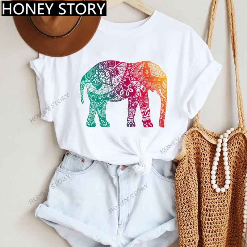 Beautiful Mandala T Shirt夏季曼陀花卉印花女士白色圆领T恤短