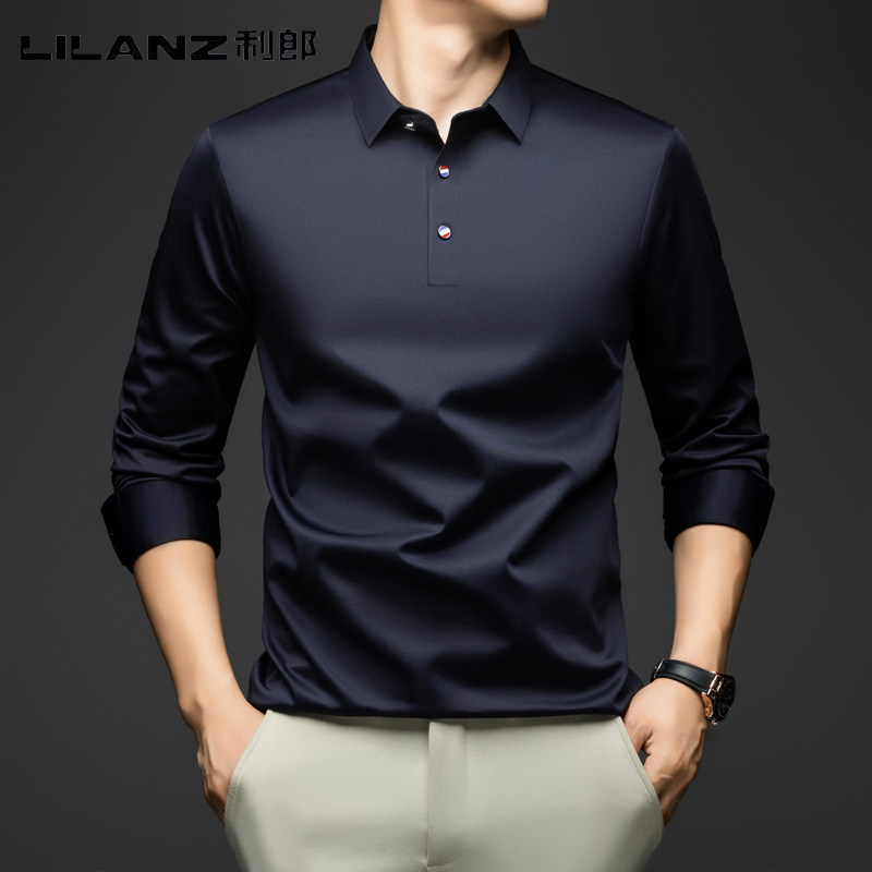 利郎春季长袖翻领纯色无痕POLO衫男新商务休闲免烫桑蚕丝T恤上衣