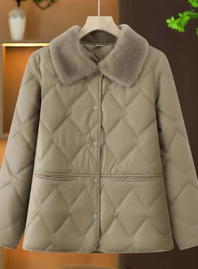 300斤加大码冬季新款毛领PU棉袄胖妈妈宽松显瘦休闲大码棉服外套