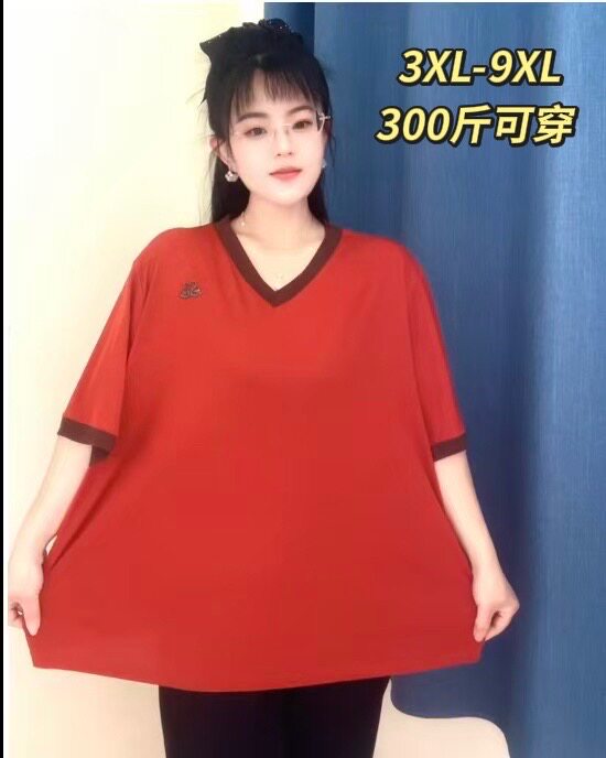 300斤加大码妈妈夏装V领短袖T恤中老年女装休闲宽松显瘦百搭上衣