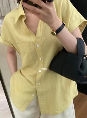 Hers夏季新款韩版糖果色宽松口袋短袖上衣休闲小飞袖简约V领衬衫