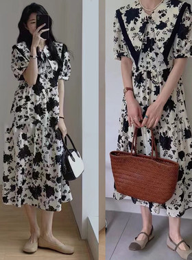 夏装大码女装碎花连衣裙小个子胖mm遮肚设计感小众M-4XL200斤