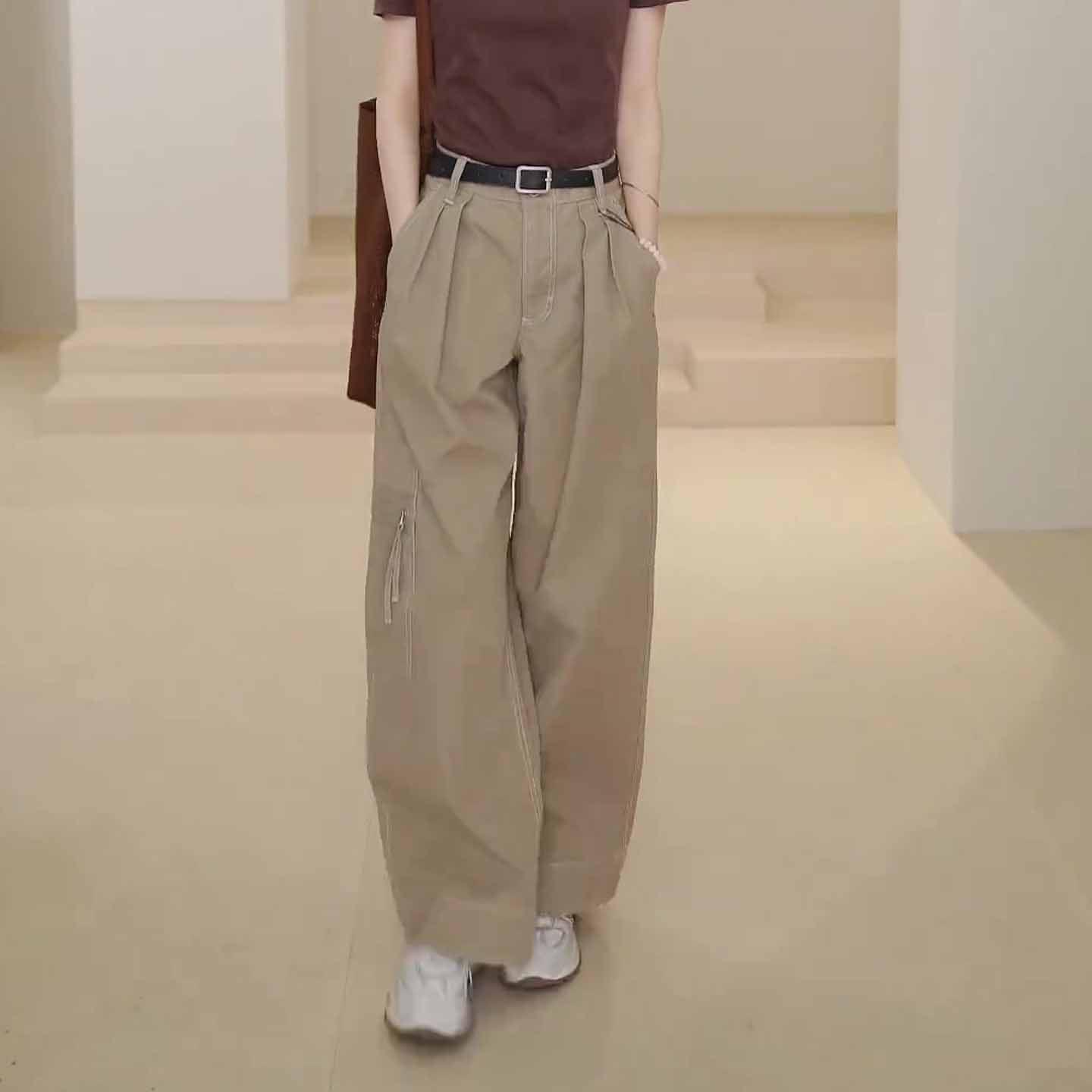 卡其色速干工装裤女2025新款秋季流行爆款显瘦宽松休闲阔腿直筒裤